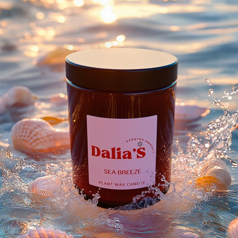 Candle labeled 'Dalia's Sea Breeze' in water with seashells