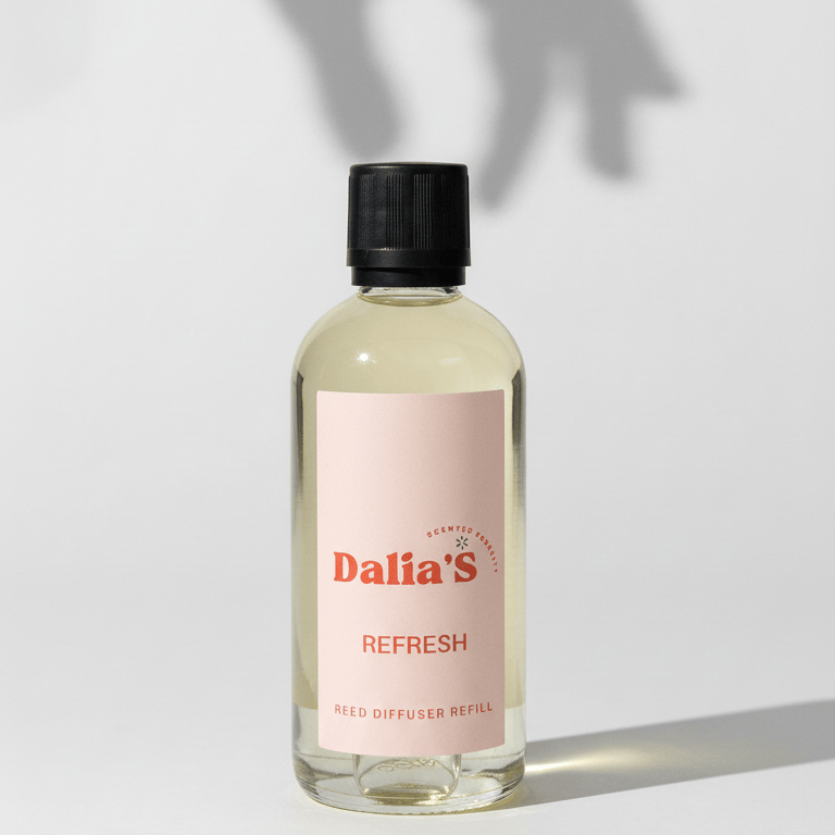 Bottle of Dalia's Refresh on a white background