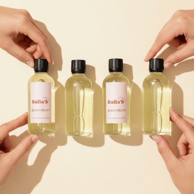 Five bottles of Dalia's diffuser refill held by hands on a beige background